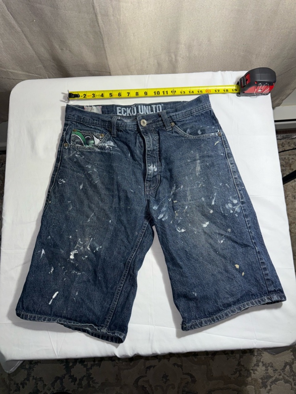 Y2k Echo Blue Denim Sewn Design Baggy Fit Jean Shorts Mens 34 Distressed